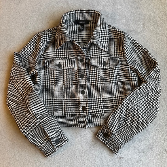 Cropped Plaid Jacket Small Black White Forever 21 Preppy Gossip Girl Y2K 90s - Picture 1 of 8